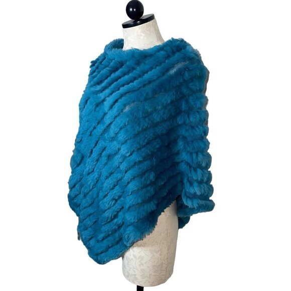 Black Rivet Womens Poncho One Size Blue Wool Rabbit Fur Knit Pullover - Picture 9 of 11
